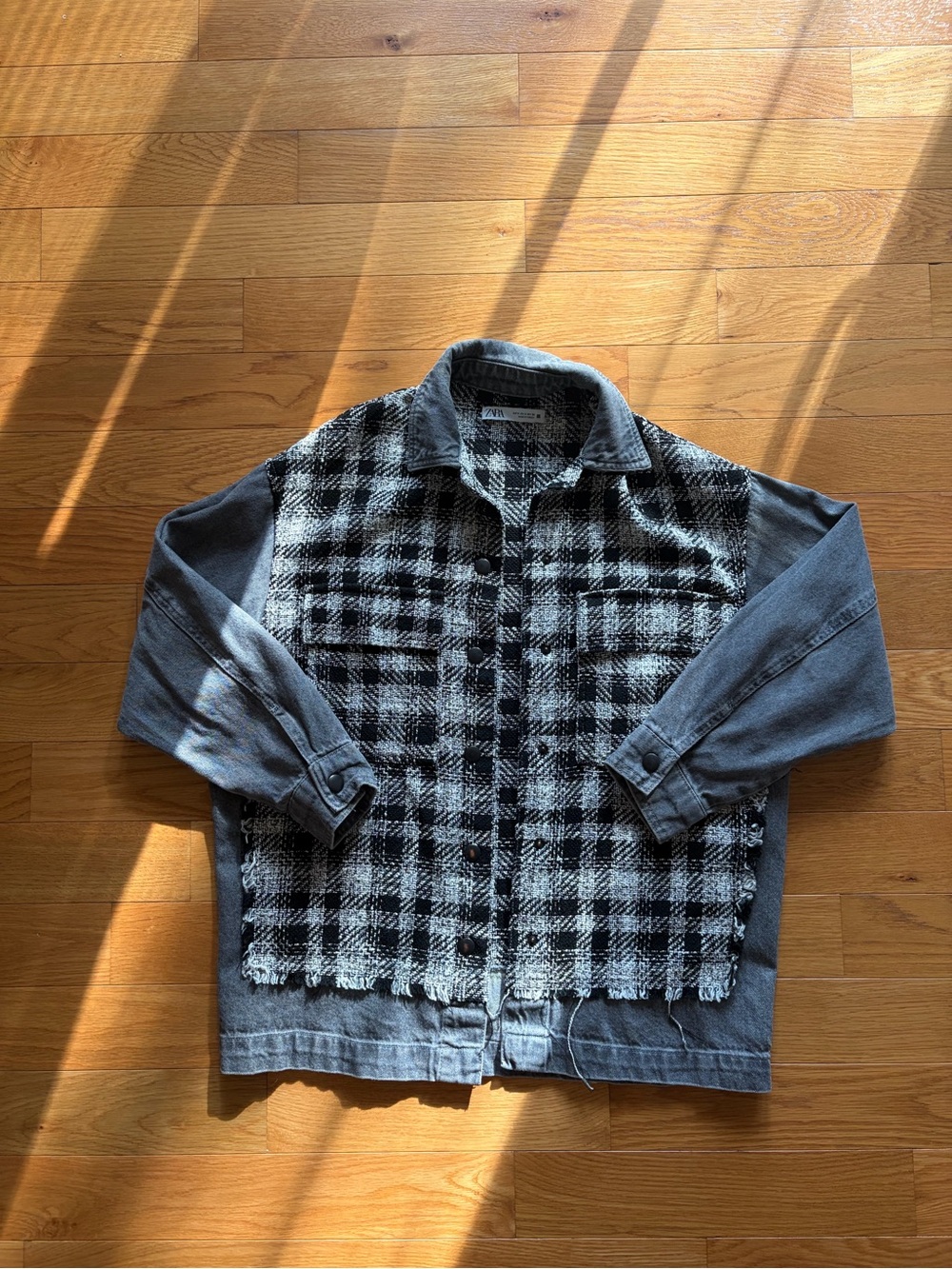 Zara Black & Gray Plaid Shacket with Tweed Front